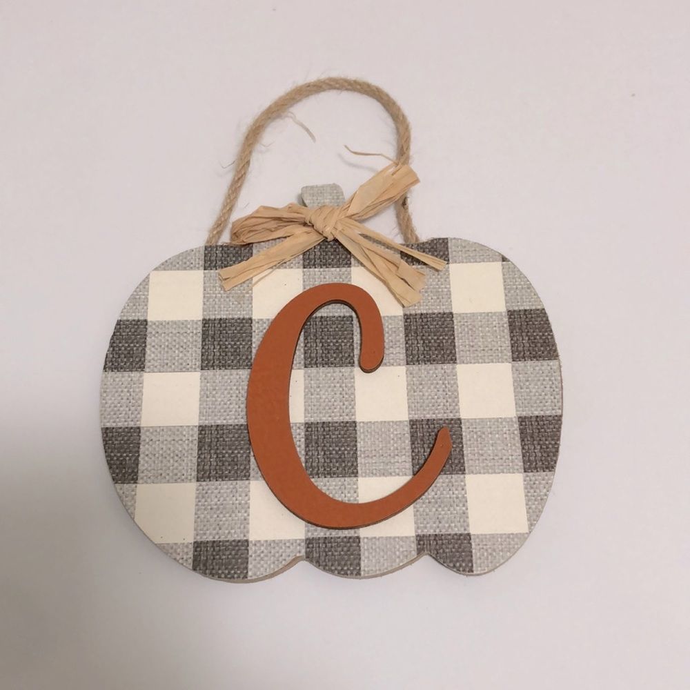 NWT Grey and white checkered pumpkin hanging decor- Letter C